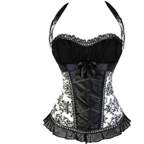 Halter Corset Sexy Bustier Lingerie Zipper Side Brocade Lace Flower Print Overbust Corset Vest Top Corselet for Women