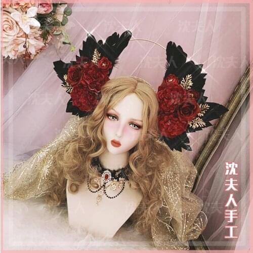Lolita lolita virgin halo dark goth black red angel feather wings catwalk Cosplay Gothic Lolita Pearl Chain Court Retro Crown
