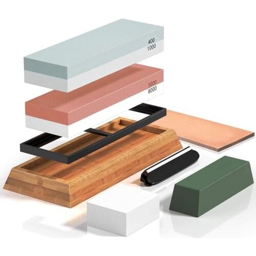 Knife Sharpening Stone Set,400/1000 3000/8000 Grit Whetstone Kit,Flattening Stone,Leather Honing Strop and Polishing