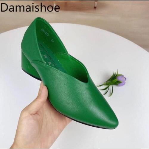 Single-Layer Shoes for Women 2021 New Fall Student Korean Style Versatile Mid Heel Black Large Size Green Leather Casual Fashion