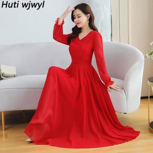 Autumn Winter Plus Size Casual Chiffon Midi Dress 2021 Vintage Solid Long Sleeve Maxi Dress Elegant Women Bodycon Party Vestidos