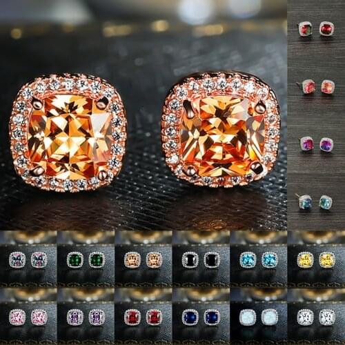 Luxury Female Rainbow Crystal Opal Earrings Rose Gold Silver Color Stud Earrings Cute Square Zircon Wedding Earrings For Women