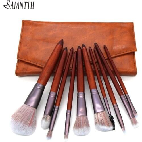 Saiantth 11pcs mahogany solid wood handle makeup brushes set beauty tool high quality make up brush powder foundation eyelashes