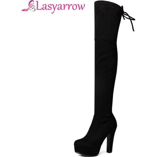 Lasyarrow 2018 autumn winter boots thigh high boots round platform toe the knee boots thick high heels suede long boots size 43