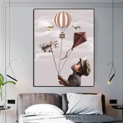 Scandinavian The boy playing Posters Cartoon Nursery Art Print Wall Picture Canvas Painting Nordic Girls Boys Baby Room Decor
