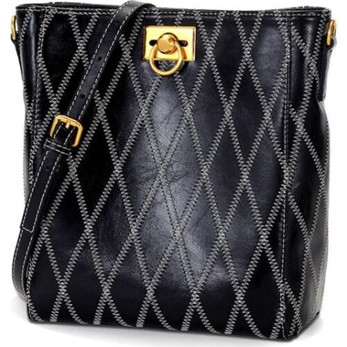 Bucket Bag Women Vintage Rhombic Pattern Soft Genuine Leather Retro Ins Shoulder Bags Brand Design Fashion High Capacity