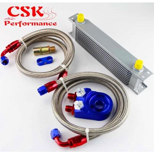 Universal 10 Row 248mm AN8 Engine Transmission Oil Cooler British Type + Aluminum Filter Adapter Kit Black/Blue