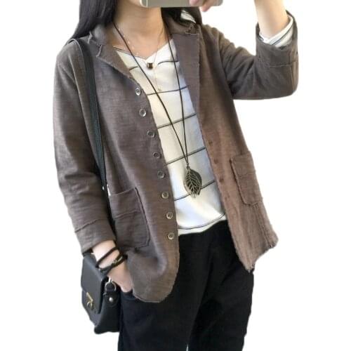2020 New Spring Autumn Shirt Coat Vintage Suit Jacket Women Oversized Cotton and Linen Lapel Seven Sleeve Casual Blazer PP002