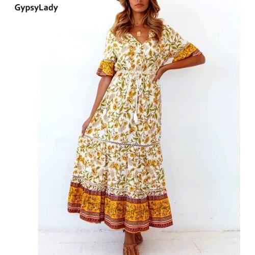GypsyLady Floral Vintage Maxi Dress Beige Boho Summer Women Dress Tassels Ruffles V-neck Button Front Holiday Lady Female Dress