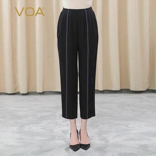 VOA22 mm silk jacquard natural elastic waist mysterious black and yellow line decoration oblique pocket nine harem pants KE218