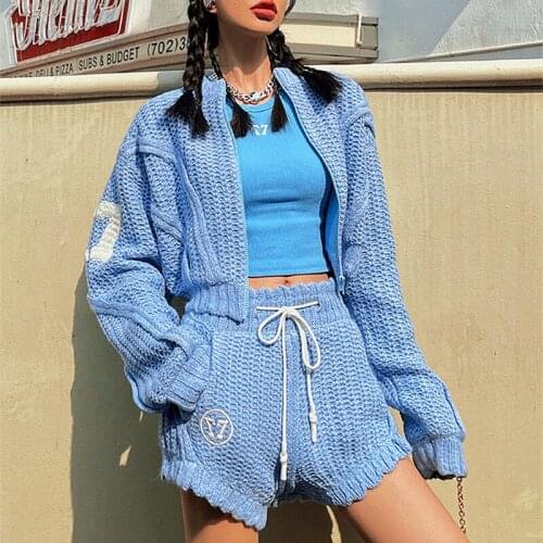 Runway Women 2 Pcs Tracksuit Spring Summer Knitted Sweatshirts Cardigans Loose Tops Shorts Pants Sets Suit Clothing Set NS640