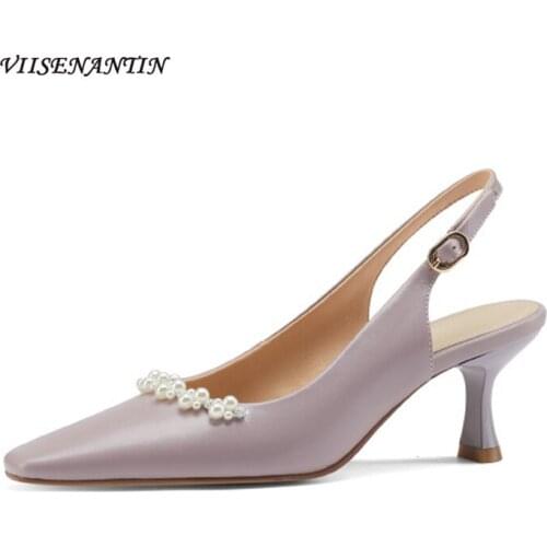 2021 new summer French cowhide square toe sandals womens pearl high heels stiletto