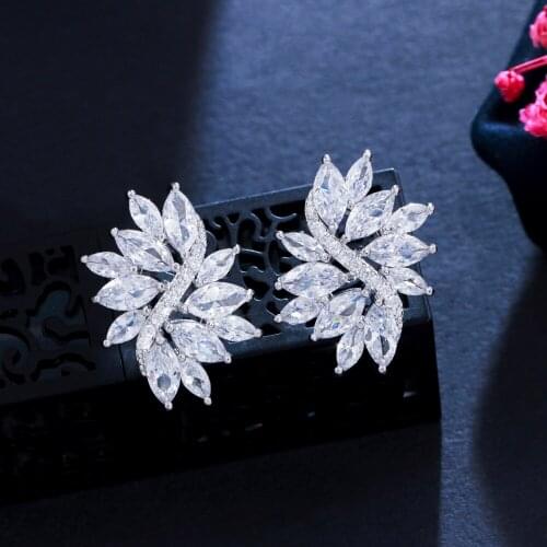 ThreeGraces Sparkling White Gold Color Delicate Marquise Cut Cubic Zircon Crystal Handmade Big Flower Earrings For Women E0037