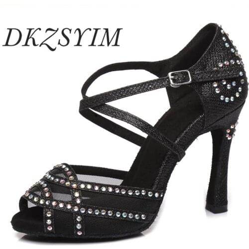DKZSYIM Latin Dance Shoes Jazz Salsa Ballroom Shoes Woman Sandals for ladies girls Big small rhinestones wholesale high hells