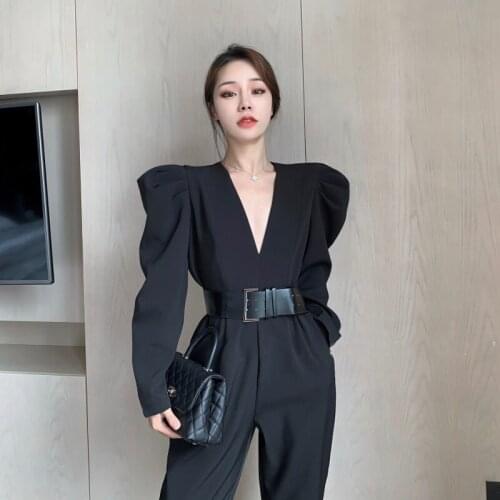 Spring 2021 New Deep V-neck jumpsuit belt Vintage Solid Women Jumpsuit Sexy Playsuit Elegant Lady Bodysuit Fashion Clothes 326D