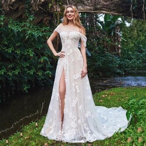 Thinyfull Sexy Side Slit A Line Wedding Dresses Boat Neck Off The Shoulder Bridal Gown Tulle Lace Appliques Vestido De Novia