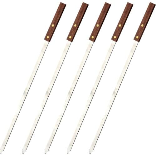 5Pcs Stainless Steel BBQ Skewers Reusable Wooden Handle BBQ Fork Long Flat Meat Skewers Sticks (Light Brown)