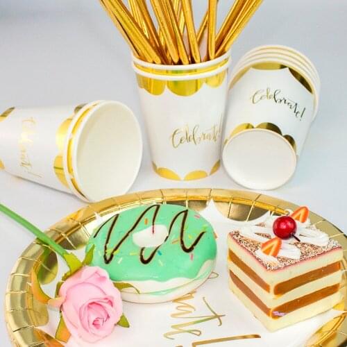 57Pcs/Lot Paper Plate Cup Straw Gold Wrapper Party Tableware Set Birthday Wedding Party Decoration Festival Supplies Favor