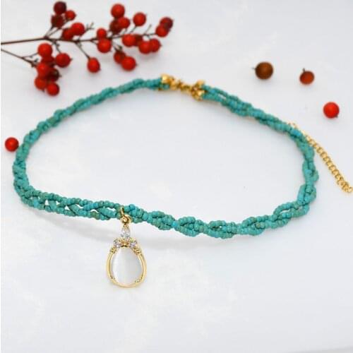 2mm Turquoise Stone Beads Opal Stone Pendant Choker Blue Stone Handmade Stainless Steel Lobster Clasp Vintage Necklace for Women