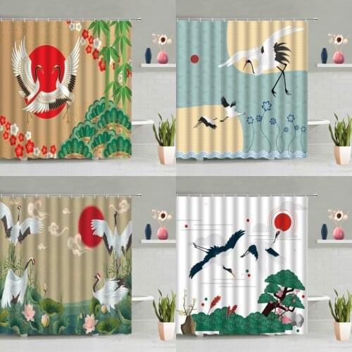 Japanese Style Shower Curtain Mount Fuji Crane Pink Cherry Blossoms Ocean Waves Green Bamboo Plant Bathtub Decor Screen Washable