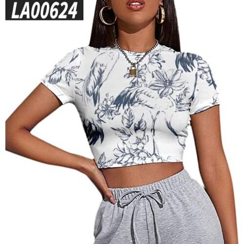 Cartoons Flower Print Midriff Crop Tops Summer O-neck Female Short Sleeve T-shirts Clothes Vintage Skinny Casual Women T-shirts