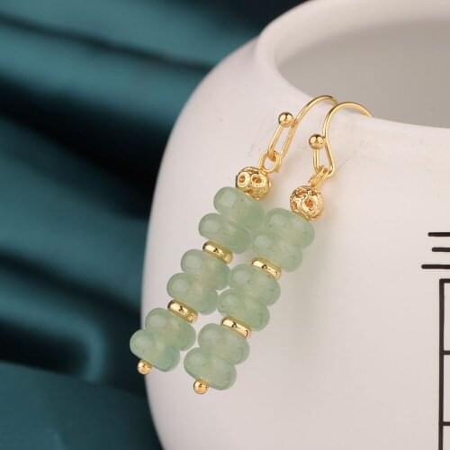 Summer Trend Vintage Natural Stone Long Green Aventurine Drop Earrings Handmade Delicate Earrings Ethnic Jewelry for Women