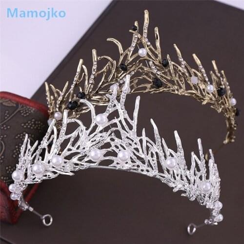Mamojko Retro Black Baroque Crown Tiaras Queen Vintage Crystal Pearl Bridal Hair Dress Accessories Wedding Hair Jewelry