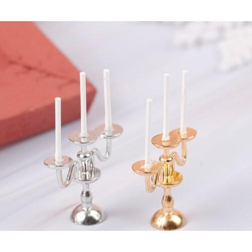 1:12 Scale 1pc 3-arm Miniature Candlesticks Candelabra Dollhouse White Candles Furniture Toy Pretend Play Doll House Accessories