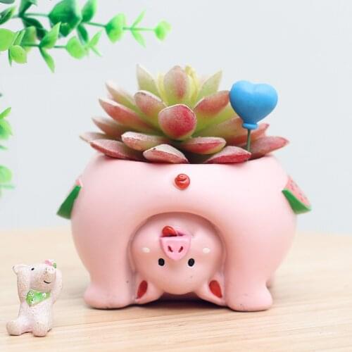 Cute Small Reverse Animal Pig Dog Bear Cat Figurine Resin Flowerpot Creative Flower Planter Pot for Garden Home Decoration