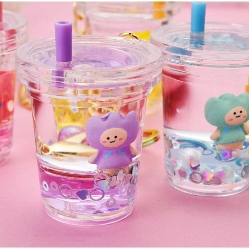 Cute Liquid Floatation Acrylic Keychain Creative Little Cherry Tulip Girl Oil Key Chain Pendant Backpack Charm Key Ring Gift