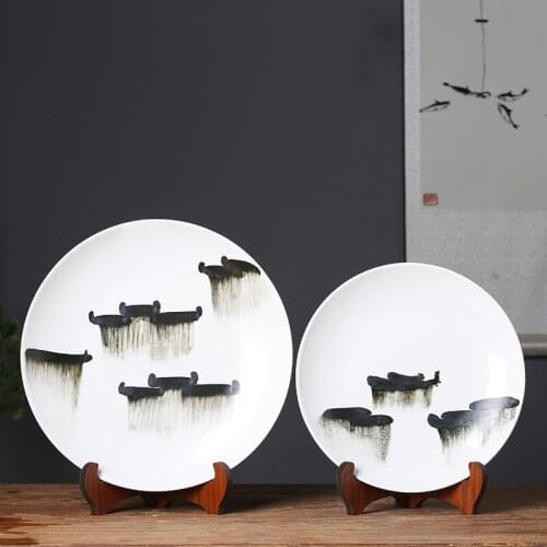 Chinese Art Ceramic Ornamental Plate Ancient White Landscape Decoration Wood Base Porcelain Traditional Chinese Plate Set