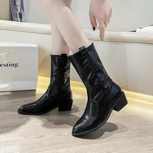Autumn Western Cowboy Boots Women Embossed Microfiber Leather pattern High Heels Cowgirl Booties Mid-calf botas Shoes