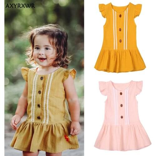 1-4Y Girls 2021 Summer Casual Clothes Toddler Kids Princess Girls Cotton Linen Striped Print Button Fly Sleeve Dresses Outfits