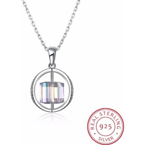 Lekani New Colorful Cube Crystal From Swarovski Round Pendant Necklace 925 Sterling Silver Chain Necklace For Women Fine Jewelry
