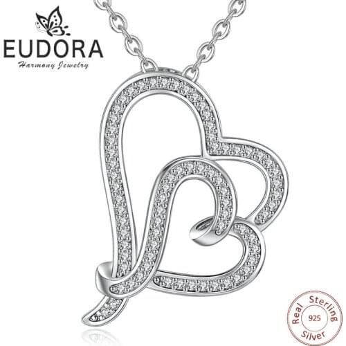 Eudora 925 Sterling Silver Two Heart Clear CZ Pendant Necklace 925 Silver Fine Jewelry for girlfriend Birthday love Gift CYD247