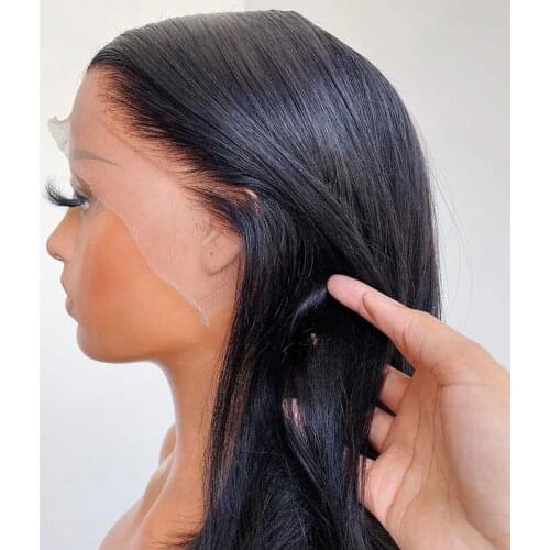 Black Silky Straight Medium Long Cut Bob Lace Front Wig For Women Human Remy Hair Babyhair Preplucked Brazilian Can Dye Permed