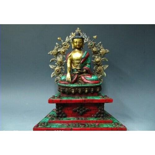Song voge gem S0885 Tibet Pure Bronze 24K Gild inlay turquoise Red coral ruby beryl Sakyamuni Buddha