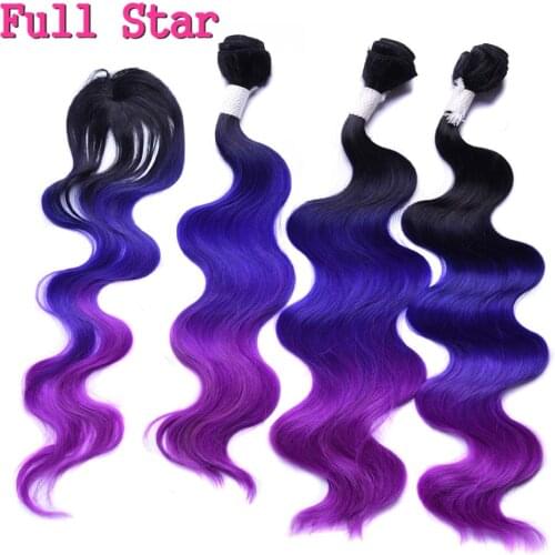 Full Star 4pcs/lot Body Wave Ombre Blue Purple 613 Color Synthetic Hair Weaves 18" 20" 22" Machine Double Weft Hair with closure