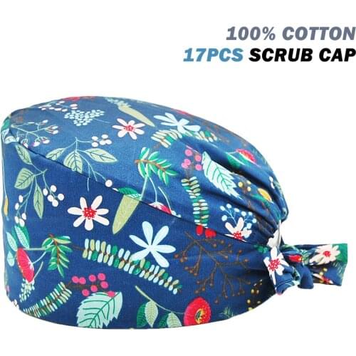 Clearance Scrubs Caps Adjustable 100% Cotton Flora Printing Nursing Hat Beauty Salon Pet Shop Working Accessories Scrub Cap
