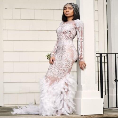 Luxury Rhinestones Crystal Feather Black Girl Prom Dresses Long Sleeves Mermaid African Evening Party Gowns 2020 Long Gala Dress