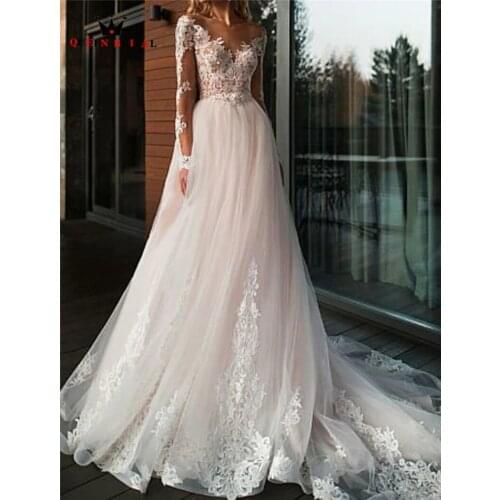 Wedding Dress 2021 A-line Long Sleeve Tulle Lace Flowers Elegant Formal Bride Dresses Custom Made KW43