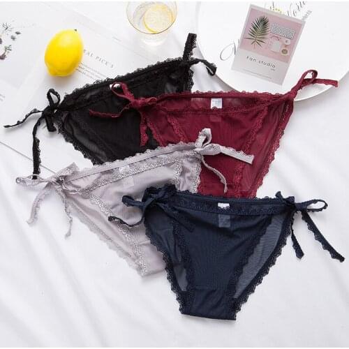 6Pcs Plus size Panties Sexy Lace Thongs Ultra-thin mesh Transparent lingerie Womens Soft Briefs Bow Panty Underwear G-String