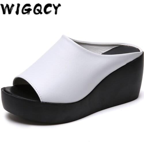 Hot Sale Women shoes Summer Fashion PU leather Leisure shoes women platform wedges Fish Mouth Sandal Thick Bottom Slippers