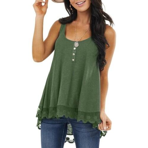 Round Neck Sleeveless Summer Tops Women Lace Tank Tops T-shirt Solid Color Casual Loose Button Women Tee Shirt Female VestD30