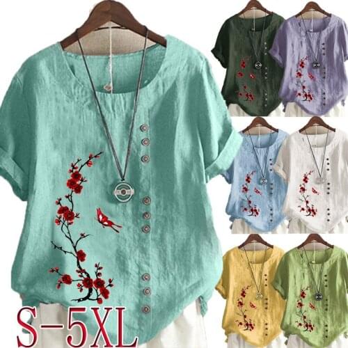 Summer Womens Flowers Printed Short Sleeve Round Neck T-shirt Ladies Casual Linen Shirts Plus Size Blouse Tops S-5XL