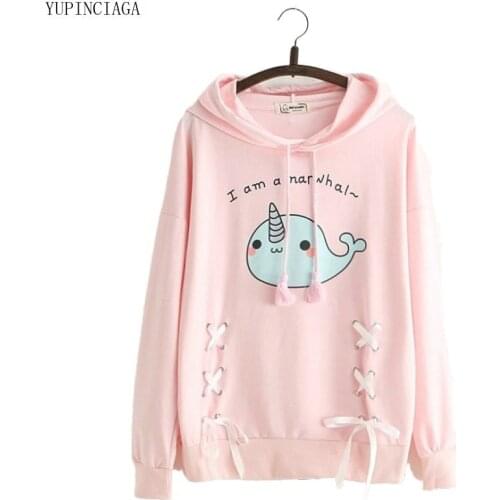 Womens Cartoon Print Cotton Hoodies Sweatshirts Long Sleeve Sweet Style Girl Loose Pullovers Femme Harajuku Pink Hoodie