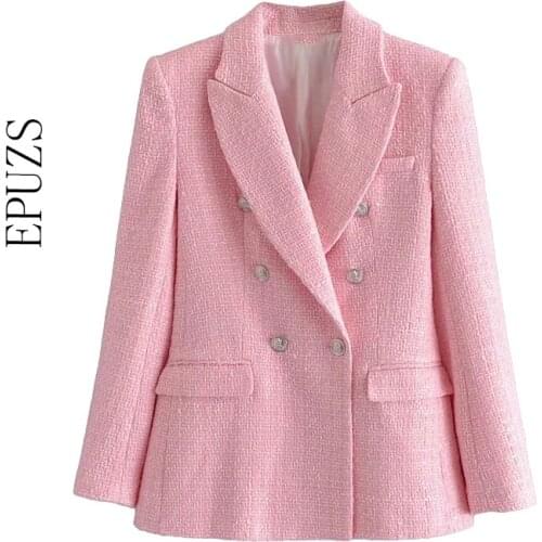 ZA 2021 Double Breasted Tweed blazer femenino sweet Long Sleeve jacket for women sring winter Female veste