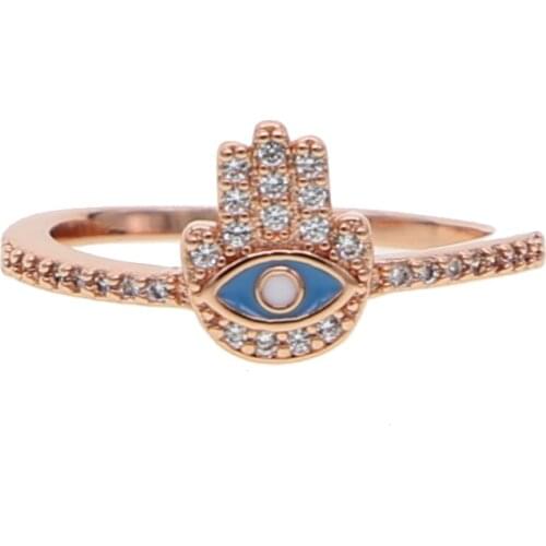 Blue enamel Evil Eye Cubic Zirconia Hamsa Ring Women Girls Jewelry Rose Gold Color eye rings Bague