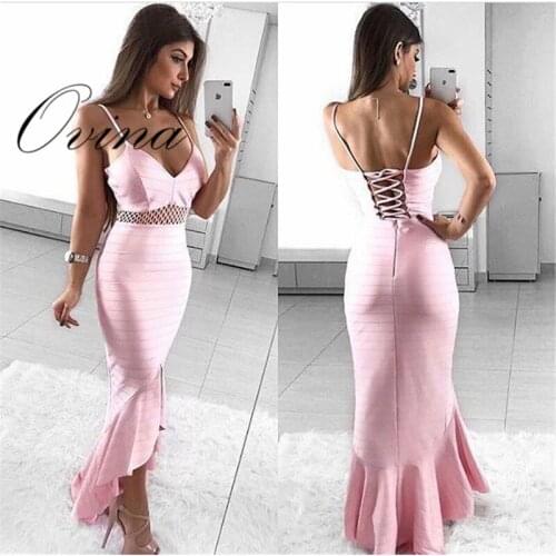 Pink Strap V Neck Sleeveless Hollow Out Irregular Hem Bodycon Bandage Dress Evening Party Dress