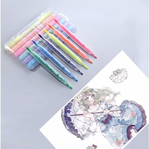 6pcs/set Highlighter Pen Stationery Brush Markers Double Headed Fluorescent Marker Pen 6Colors Kawaii Office Supplies Pen Sets
